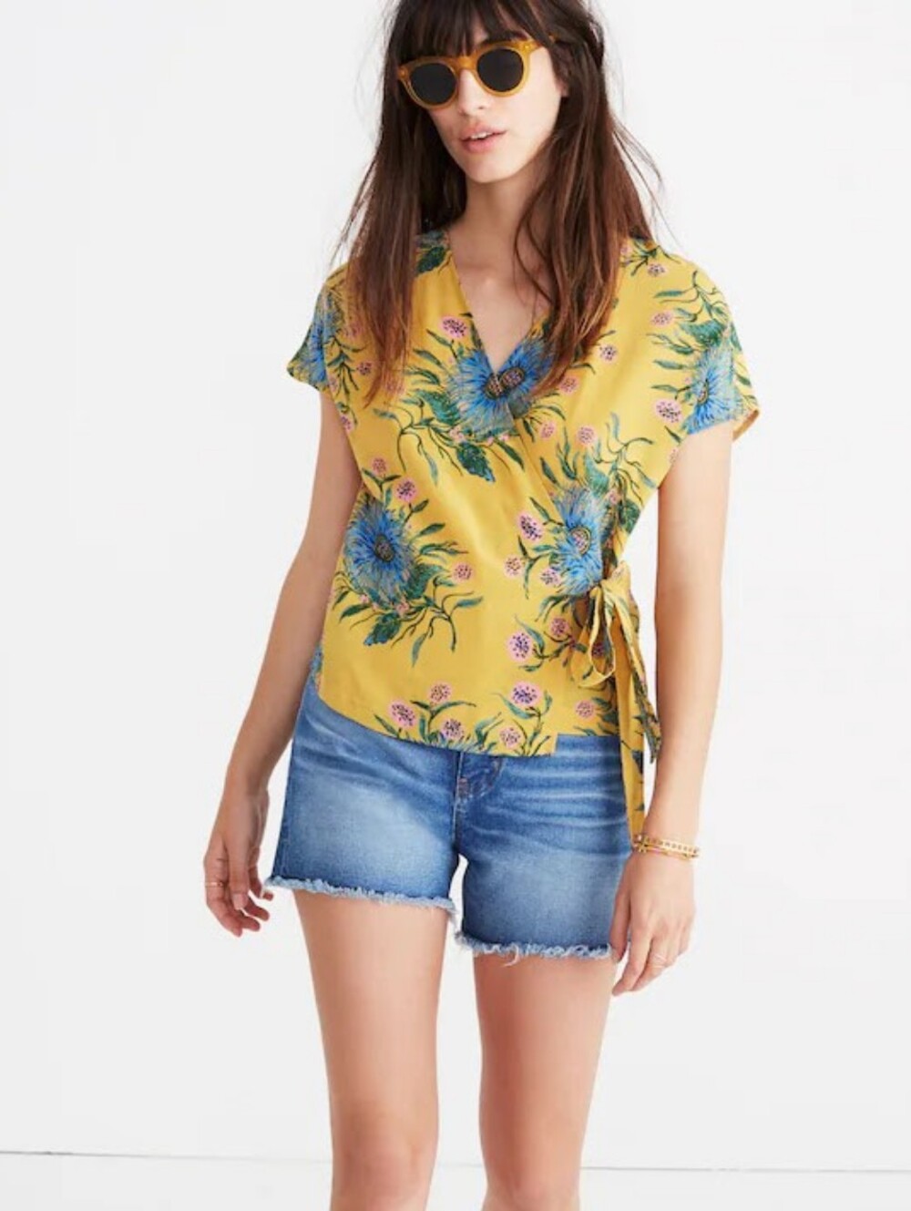 Madewell Silk Side-Tie Wrap Top Van Greek Gold in Painted Poppy Style J1130